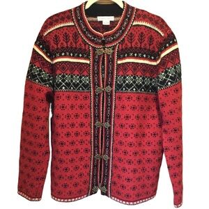 Vintage Carroll Reed Fair Isle Red Black Wool Cardigan Ski Sweater Size-Large